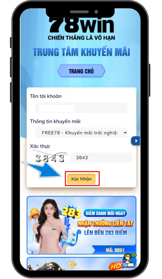 Bước 4 : Nhập tên tài khoản » Nhập mã xác thực » Ấn "Xác Nhận"